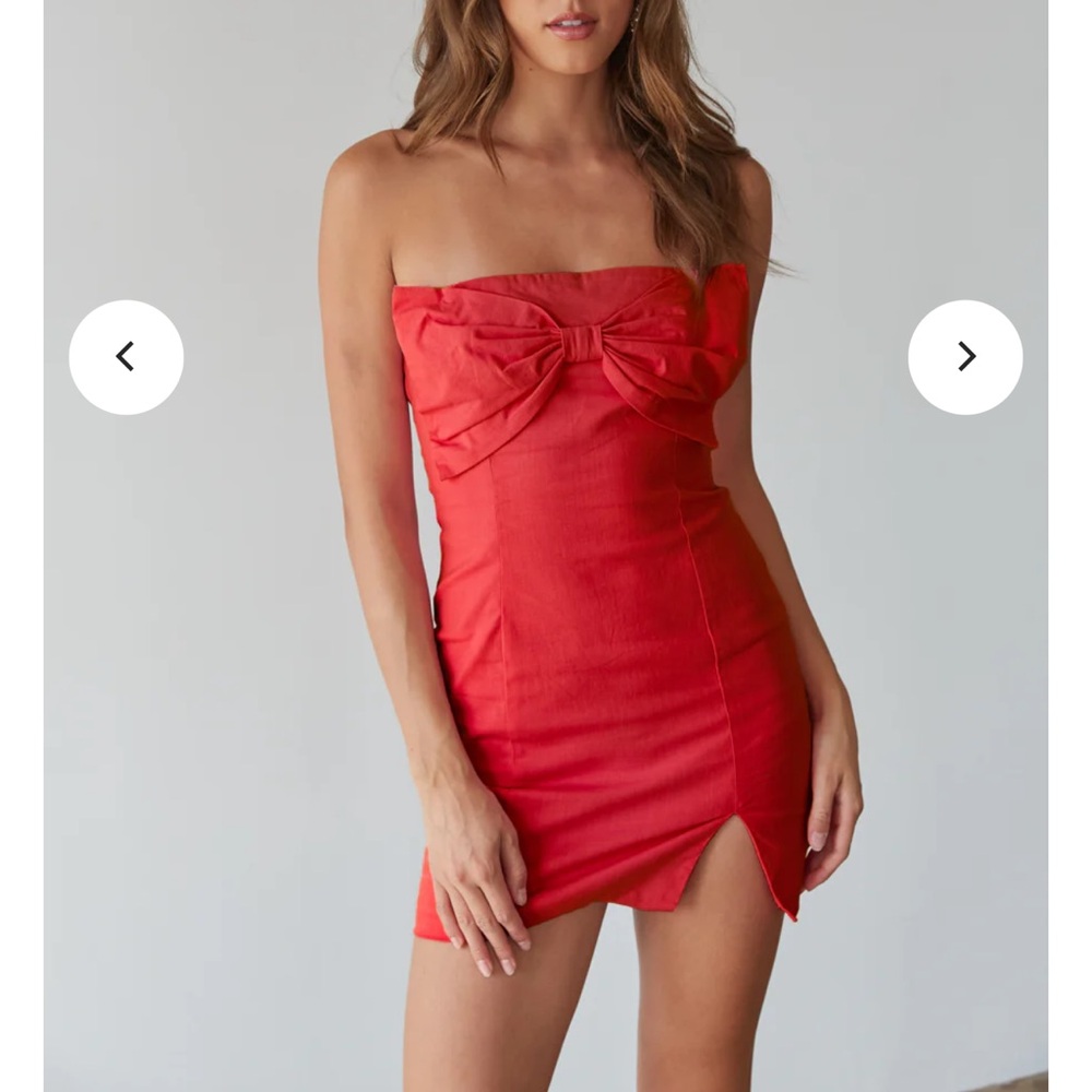 American Threads Mina Strapless Bow Bodycon Mini Dress in Red